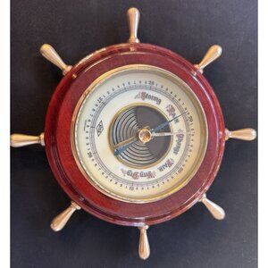 Vintage Wood Brass Barometer Ship Wheel Made in  ( Germany )